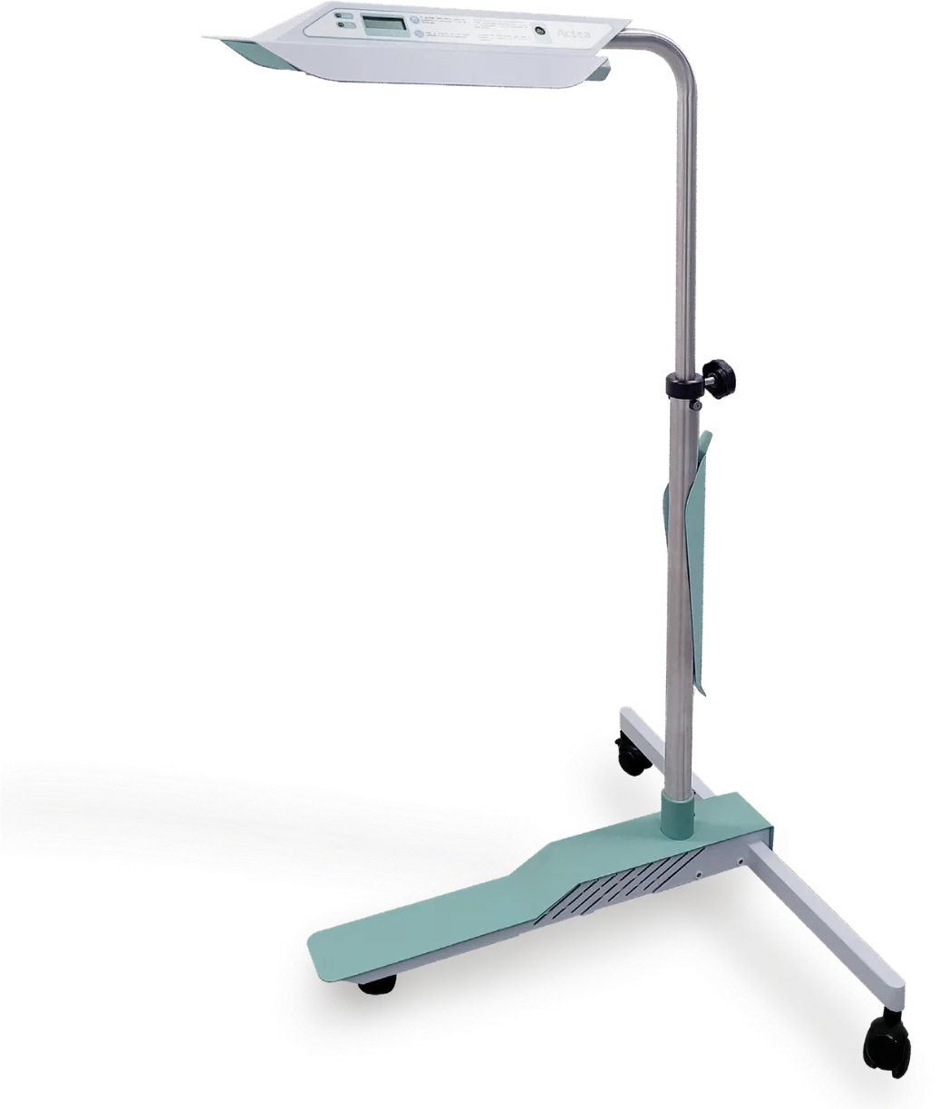 Bhelius Actea phototherapy lamp with an adjustable column and rolling base.