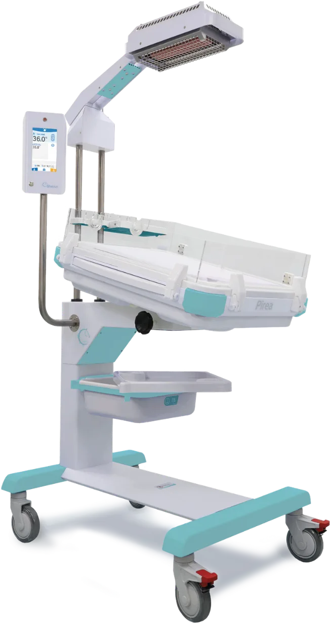 Bhelius Pirea unit: bassinet with radiant warmer and phototherapy on a rolling base.