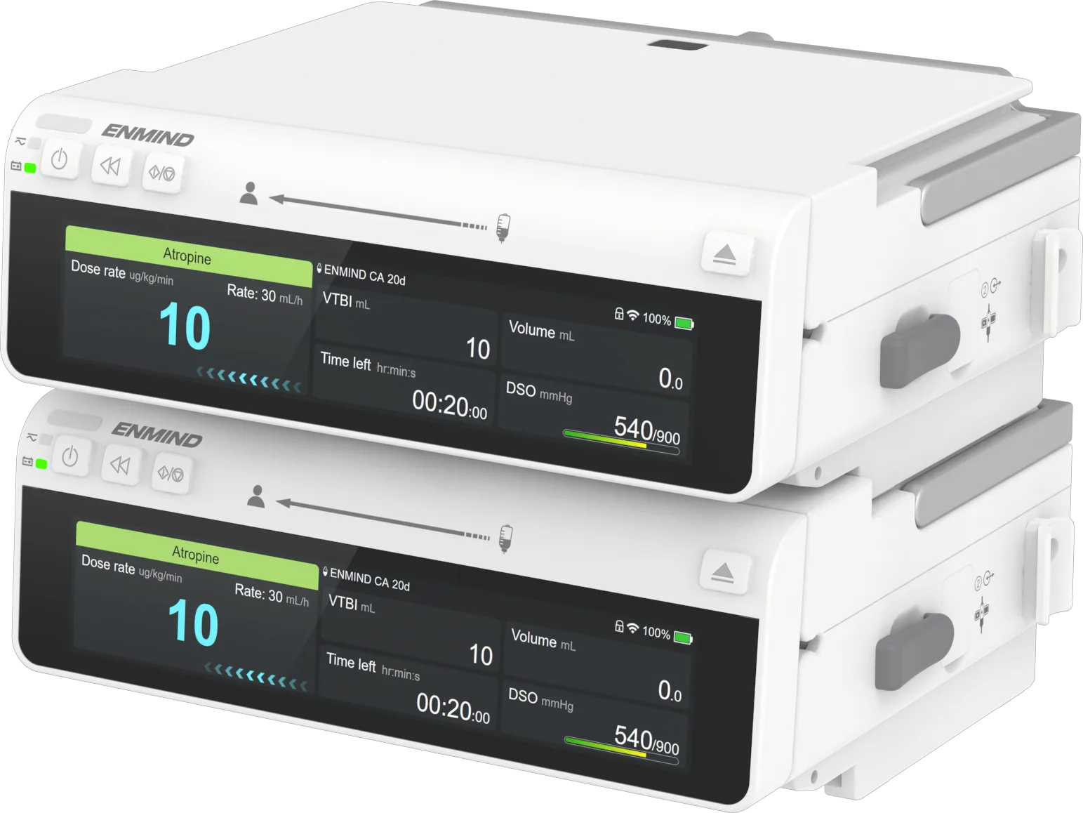 Two stacked volumetric infusion pumps with the dosing display on.