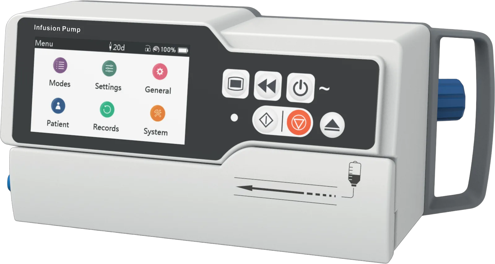 Infusion pump with a color touchscreen and control buttons on the front.