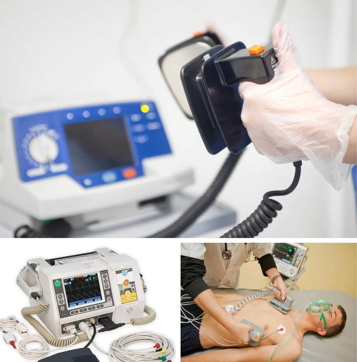 Defibrillator with paddles in use, a portable unit and a resuscitation training session.