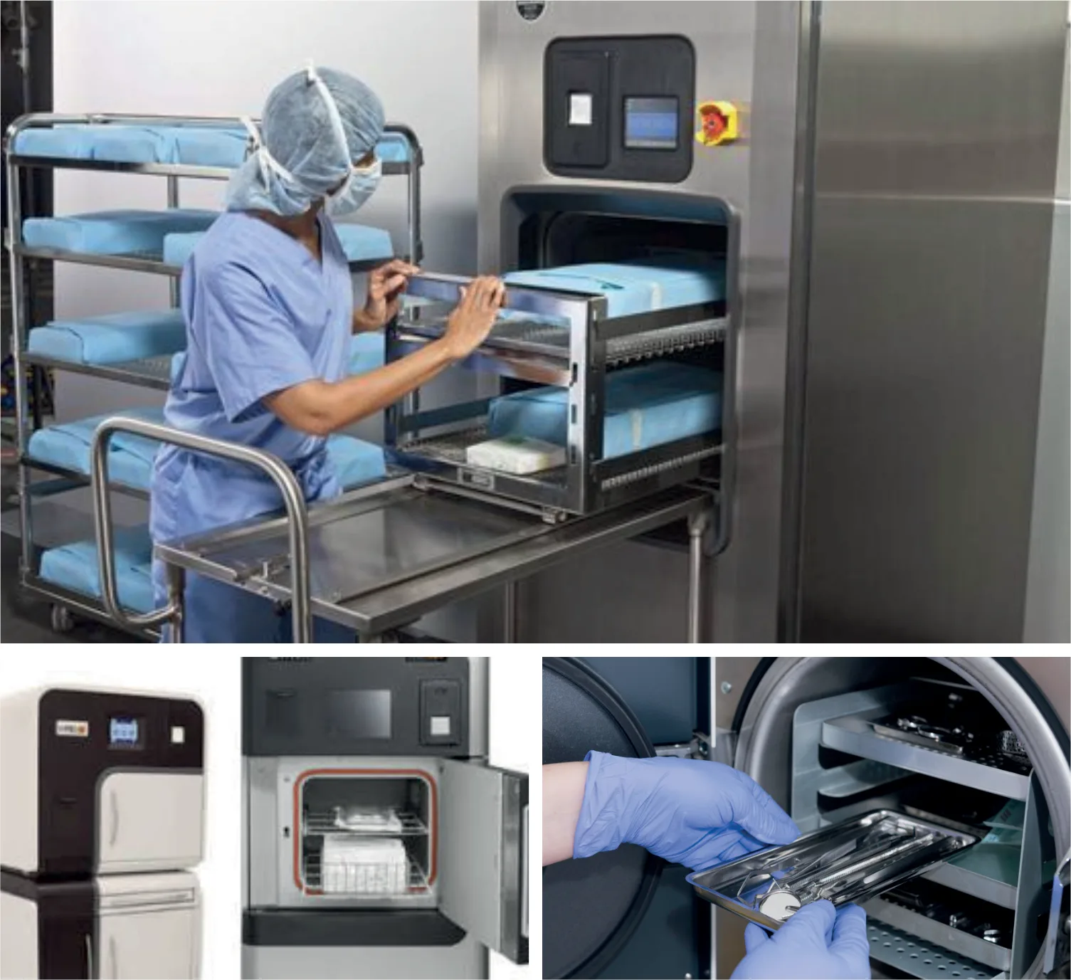 Sterilizers: a specialist loading a front-door autoclave, and two views of sterilization equipment.