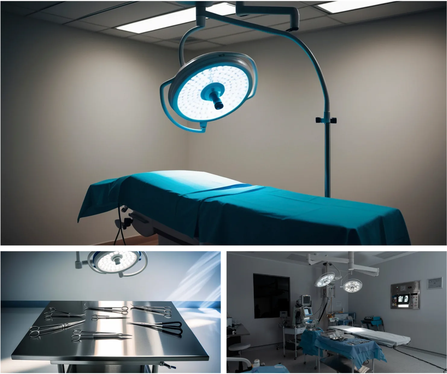 Operating table in an operating room with an overhead light, and two views of operating rooms.