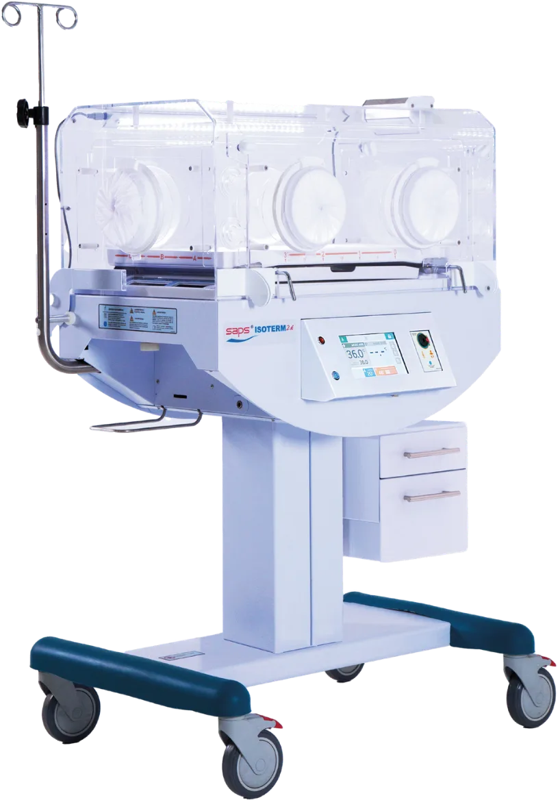 SAPS Isoterm 2K newborn incubator with a transparent hood and rolling base.