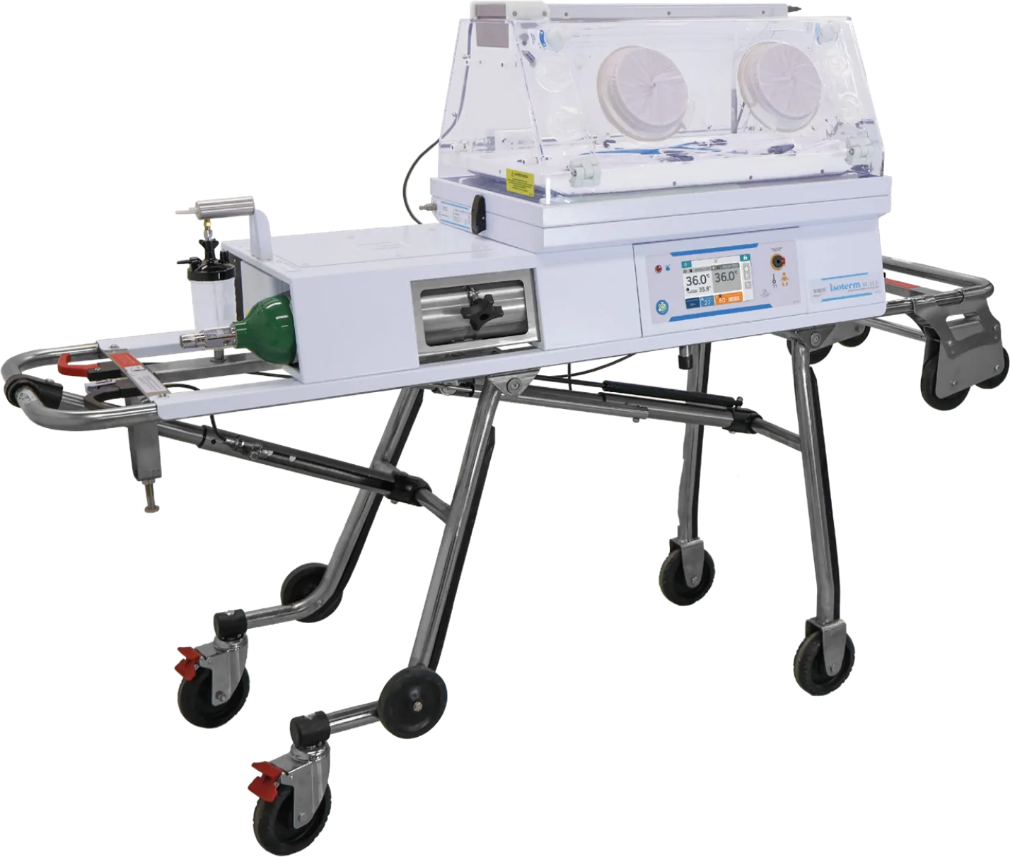 SAPS Isoterm Scale transport incubator mounted on a wheeled stretcher.