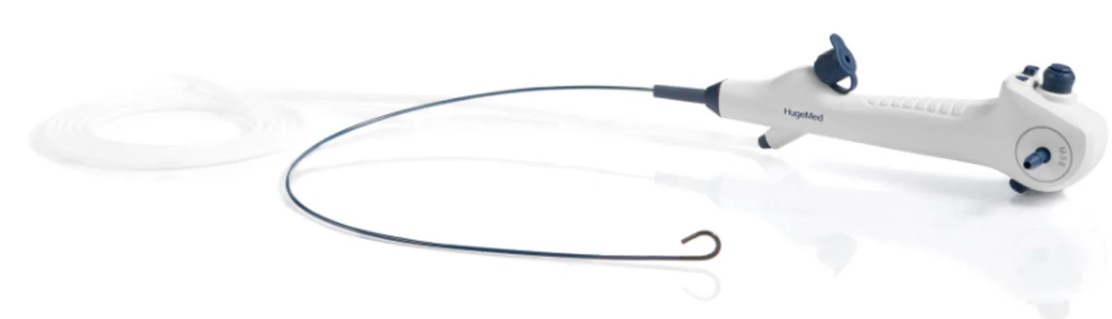 Single-use video bronchoscope with an ergonomic handle and a flexible insertion tube.