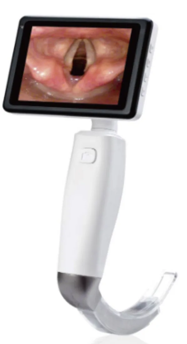 Video laryngoscope with a disposable blade and an articulating LCD screen.