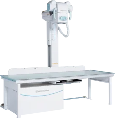 Shimadzu EZy-Rad Pro digital X-ray system: column with X-ray tube and floor-mounted examination table.