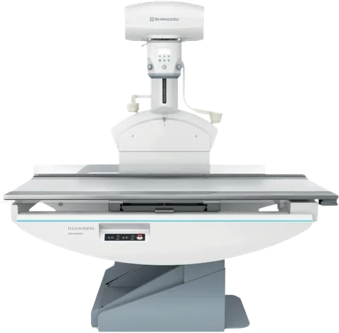 Shimadzu Flexavision F4 digital X-ray and fluoroscopy system, with U-arm and oval tilting table.