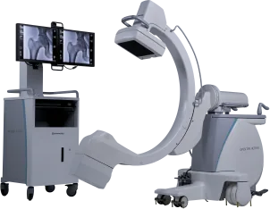 Shimadzu Opescope Acteno FD mobile C-arm for X-ray and fluoroscopy, with dual-monitor cart.