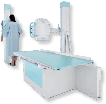 Shimadzu RADspeed Fit digital X-ray system, with wall bucky and tilting table with a mint-colored tabletop.
