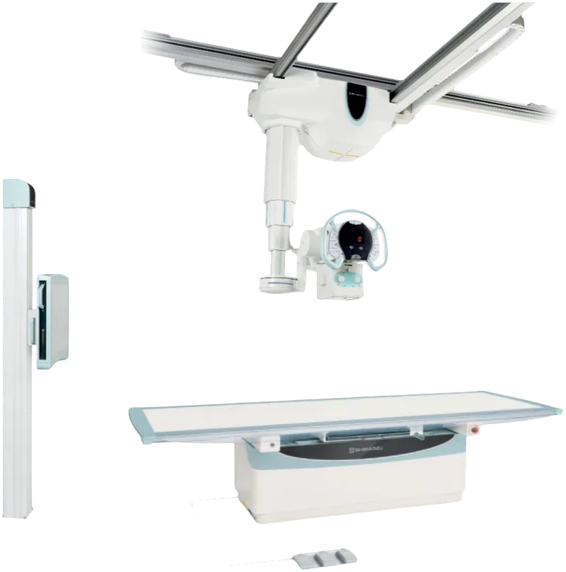 Shimadzu RADspeed Pro digital X-ray system in MC configuration, with X-ray tube suspended from a ceiling rail.