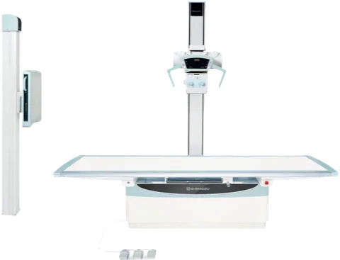 Shimadzu RADspeed Pro digital X-ray system in MF configuration, with floor-to-ceiling tube support.