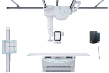 Shimadzu RADspeed Pro SR5 version digital X-ray system, with suspended arm, wall bucky and examination table.