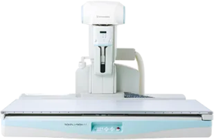Shimadzu Sonialvision G4 digital X-ray and fluoroscopy system, with large-format tilting table and tube column.