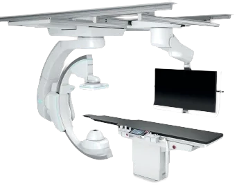 Shimadzu Trinias SCORE Opera series angiography system, C12 ceiling-mounted configuration, isolated view.