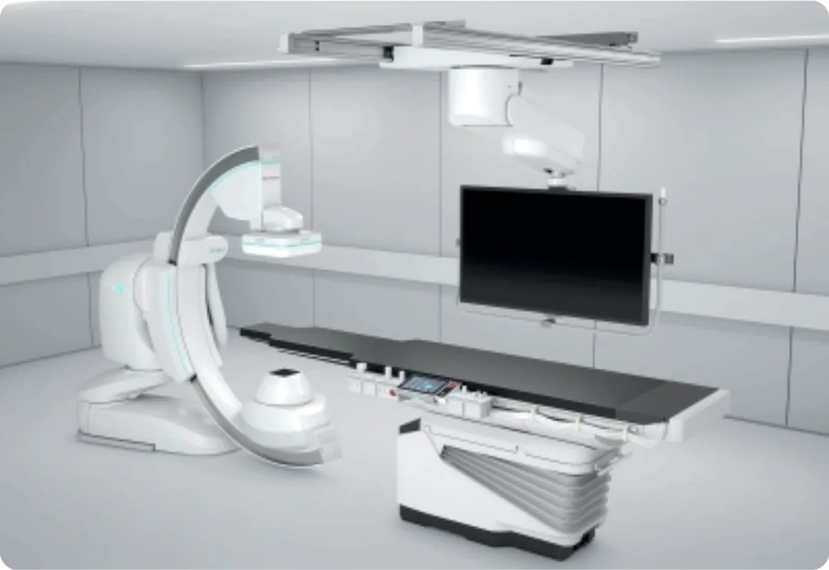 Shimadzu Trinias SCORE Opera angiography suite with floor-mounted C-arm, table and integrated monitors.