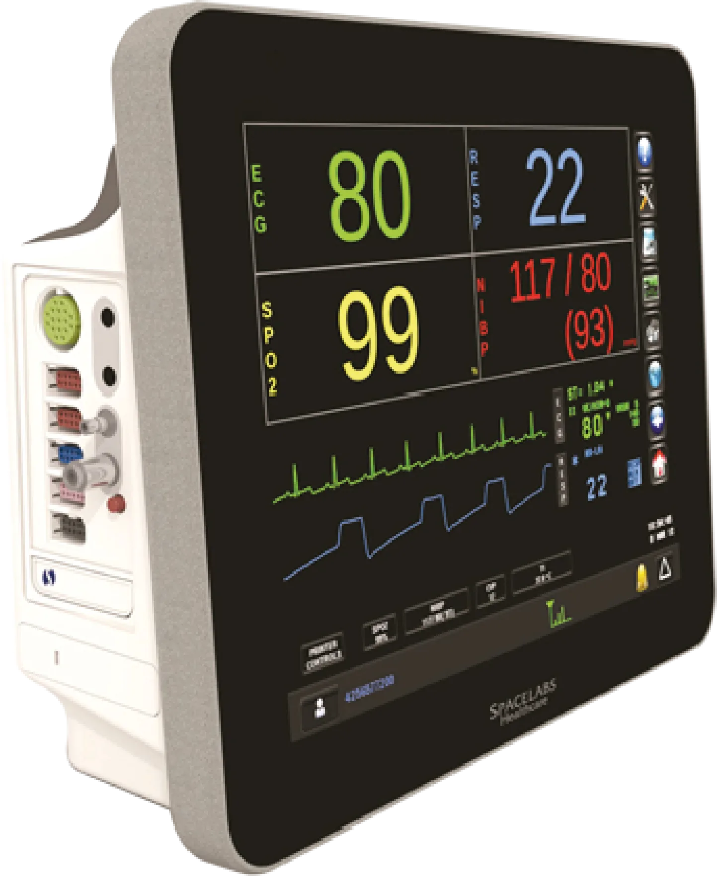 Spacelabs Qube compact monitor with touchscreen and parameter connectors on the side.