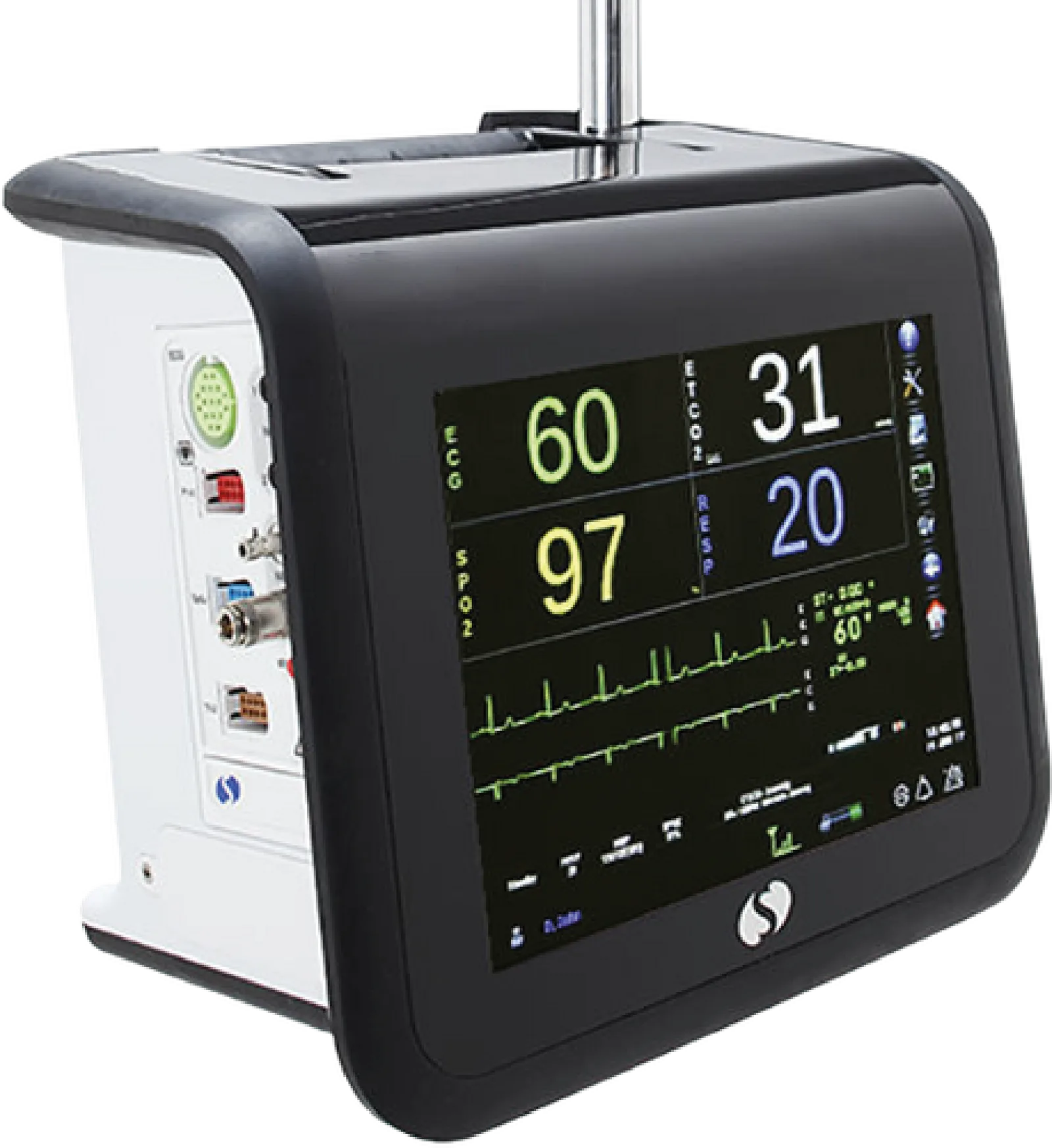Spacelabs Qube Mini monitor with touchscreen and IV pole clamp at the top.
